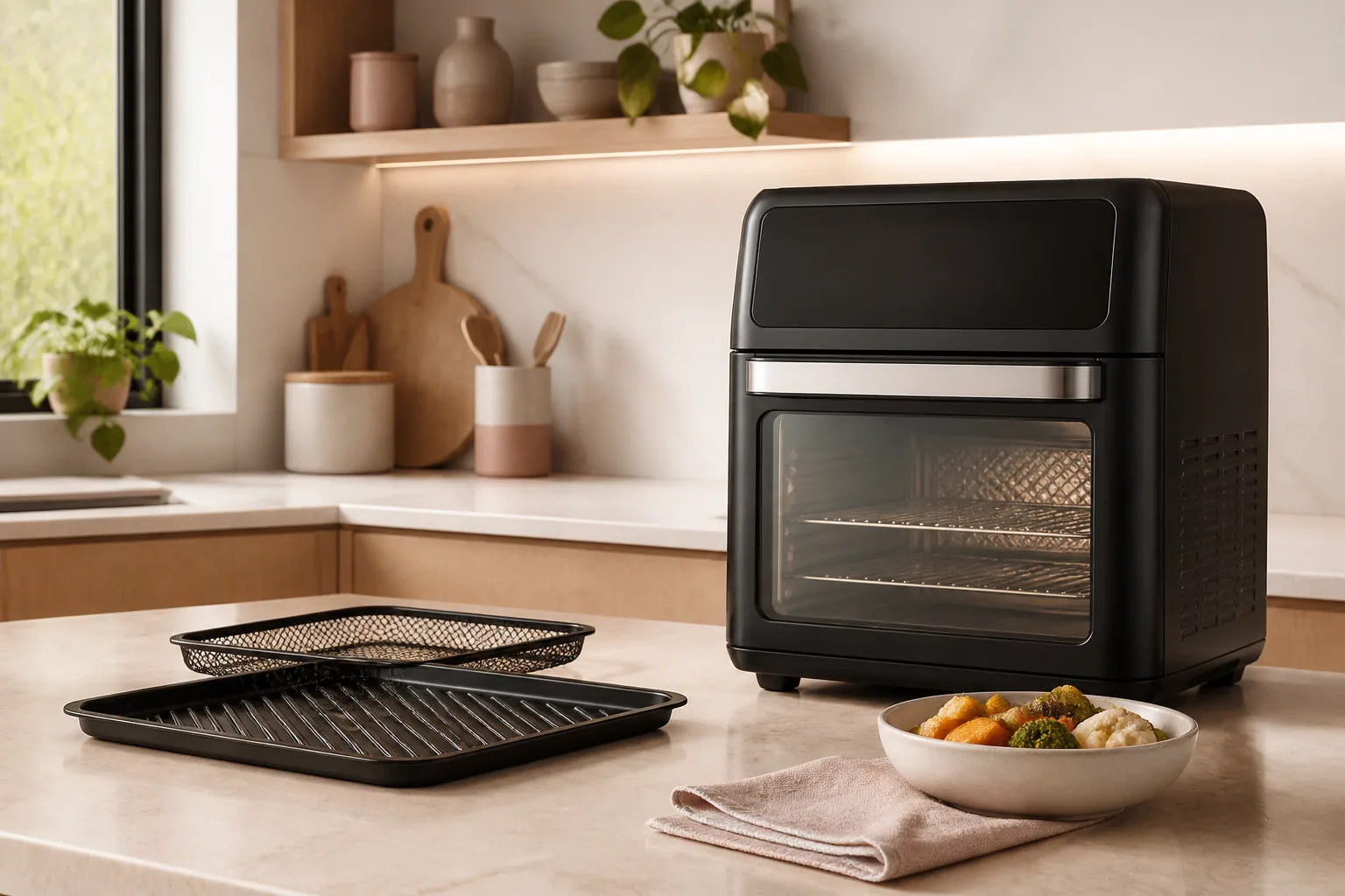 Air Fryer Oven em cozinha clara com bandejas e espaço de bancada