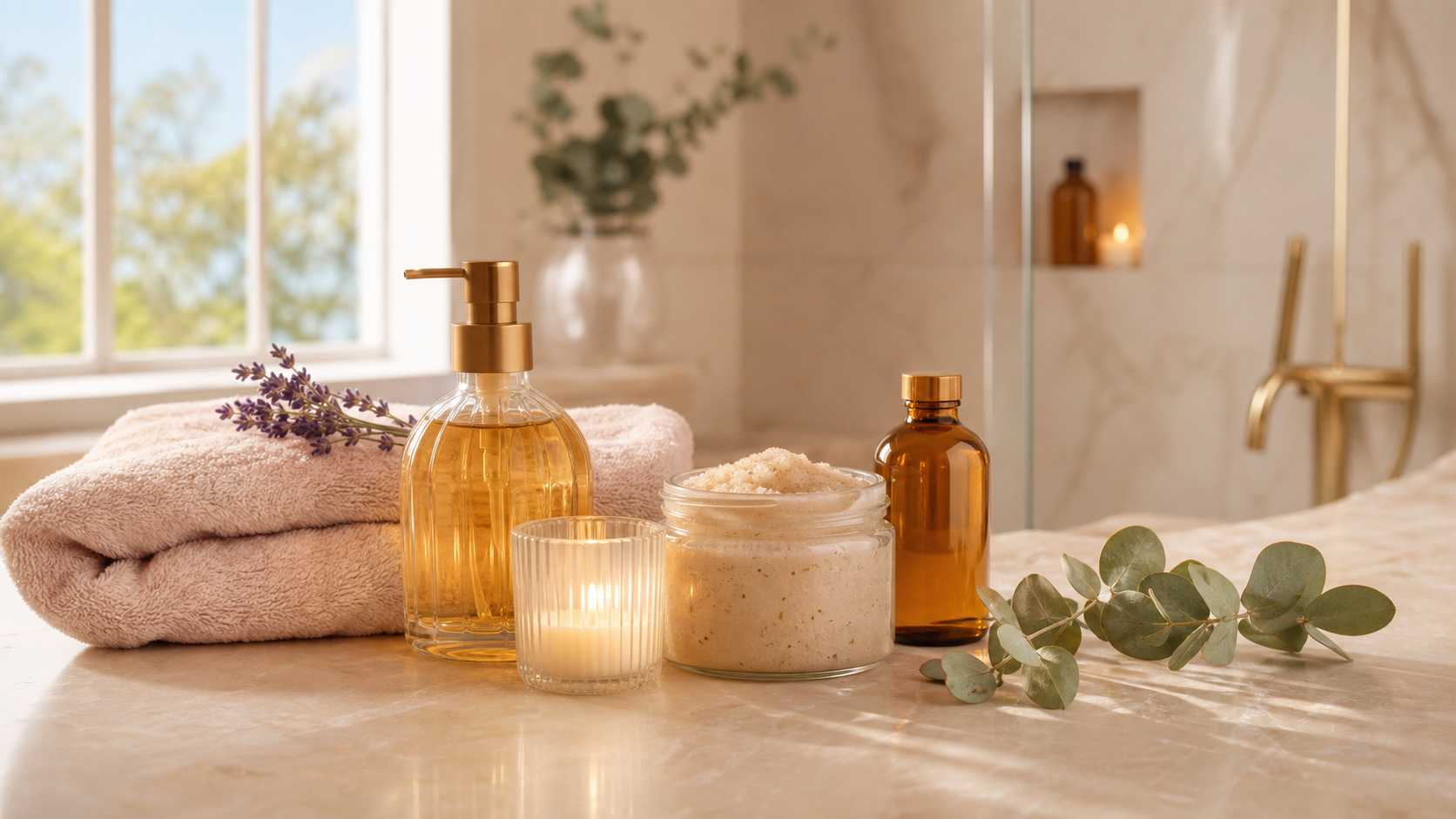 Ritual de banho premium com sabonete, óleo corporal, esfoliante, toalha e vela aromática