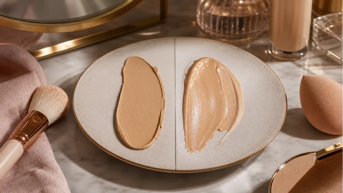 Comparação visual entre base matte e base hidratante em paleta