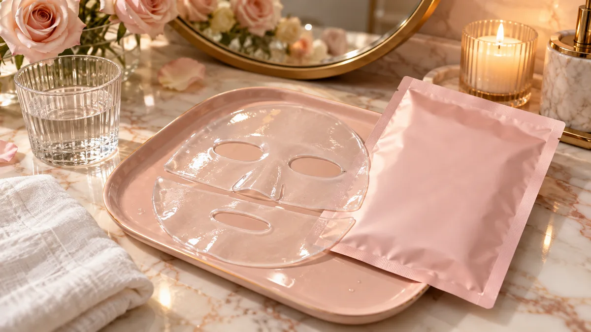 Máscara de hidrogel ilustrativa em duas partes sobre bandeja rosa com sachê sem marca e luz dourada