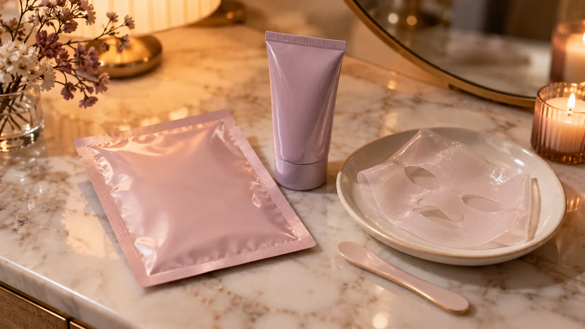 Cena editorial de skincare noturno com sachê neutro, espátula e luz suave; não representa embalagem nem foto de anúncio.