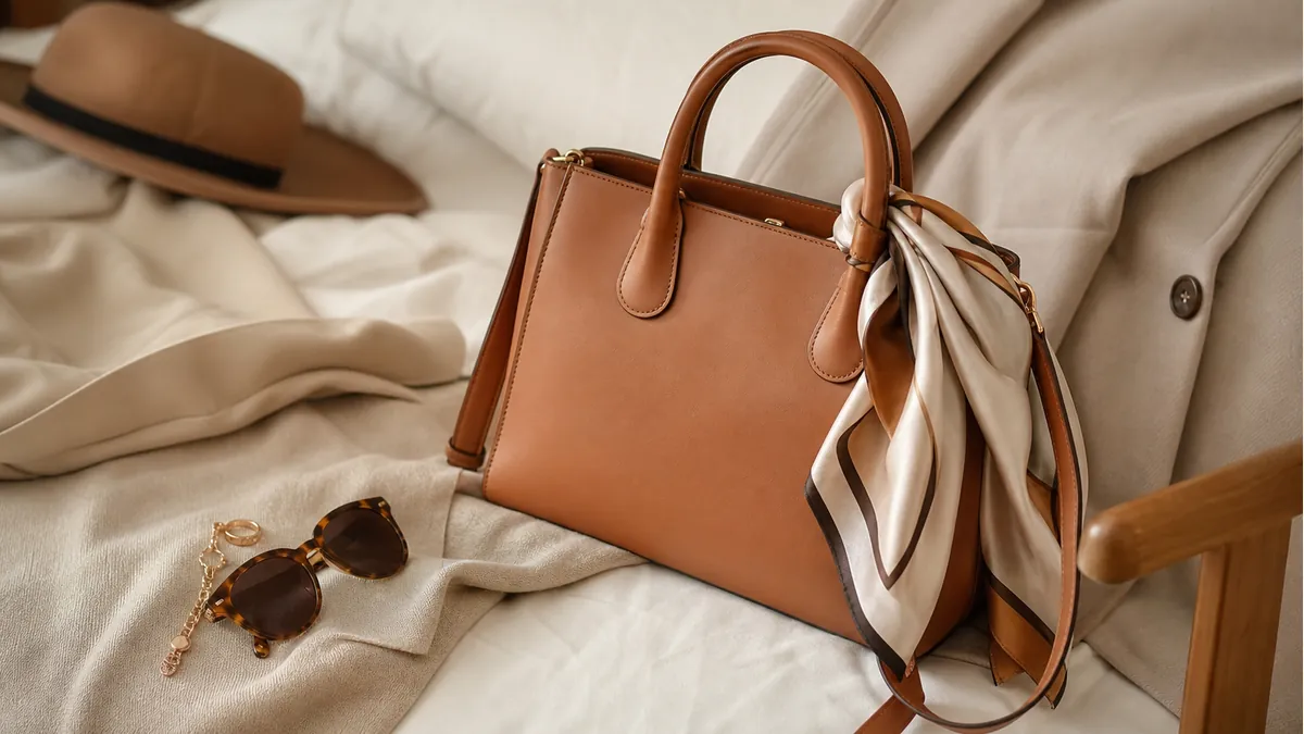 Bolsa feminina caramelo com acessórios neutros em composição de moda
