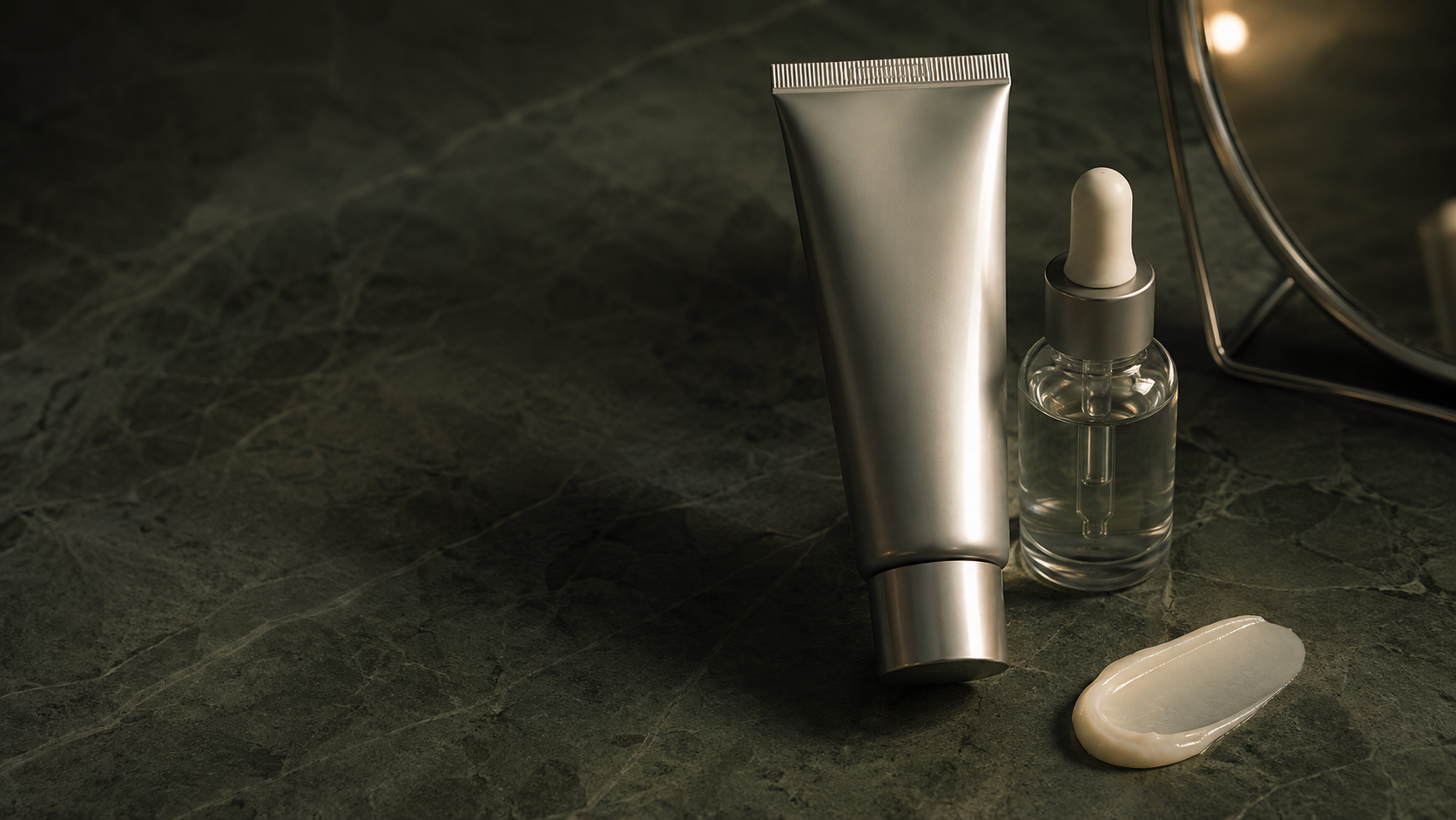 Produtos de skincare noturno sem marca em bancada verde para guia da Celimax