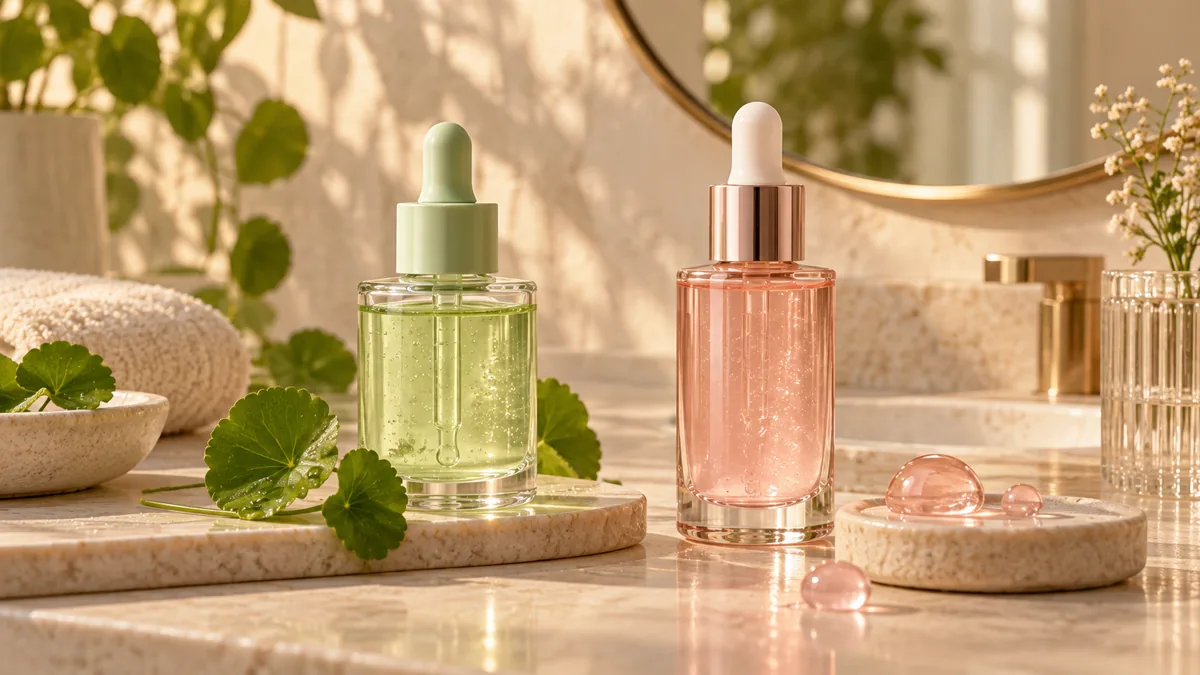 Sérum de centella e sérum rosado em bancada para comparar Cica e PDRN