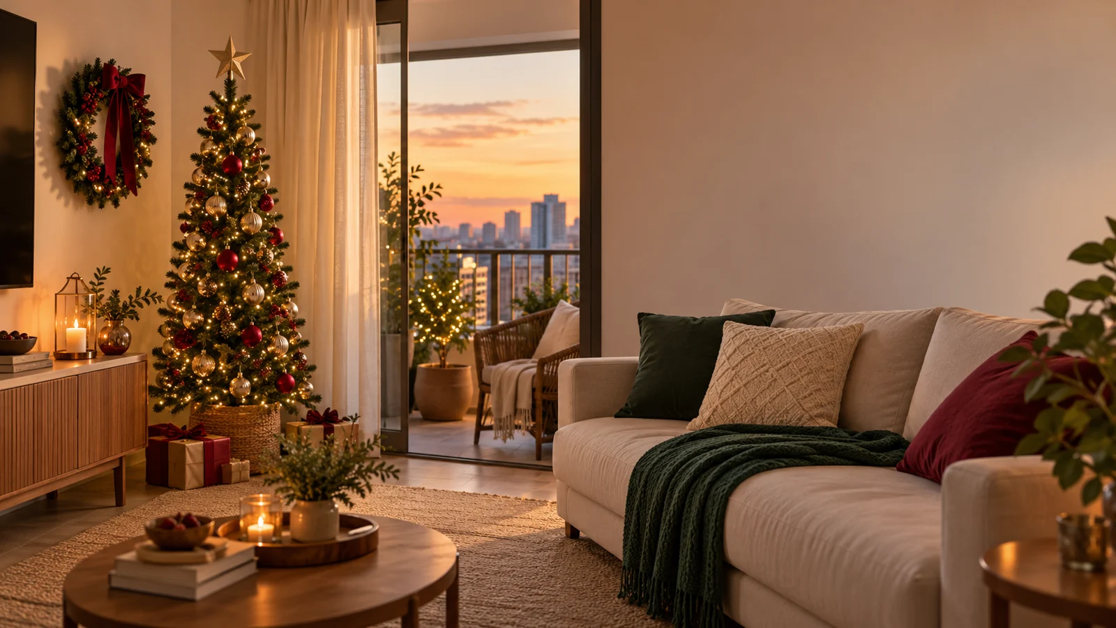 Sala compacta de apartamento com árvore de Natal estreita, guirlanda discreta e luzes quentes.