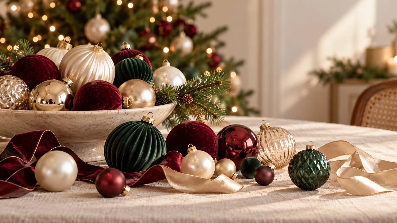 Bolas de Natal em tons perolados, verde, vinho e dourado organizadas por textura sobre tecido claro.