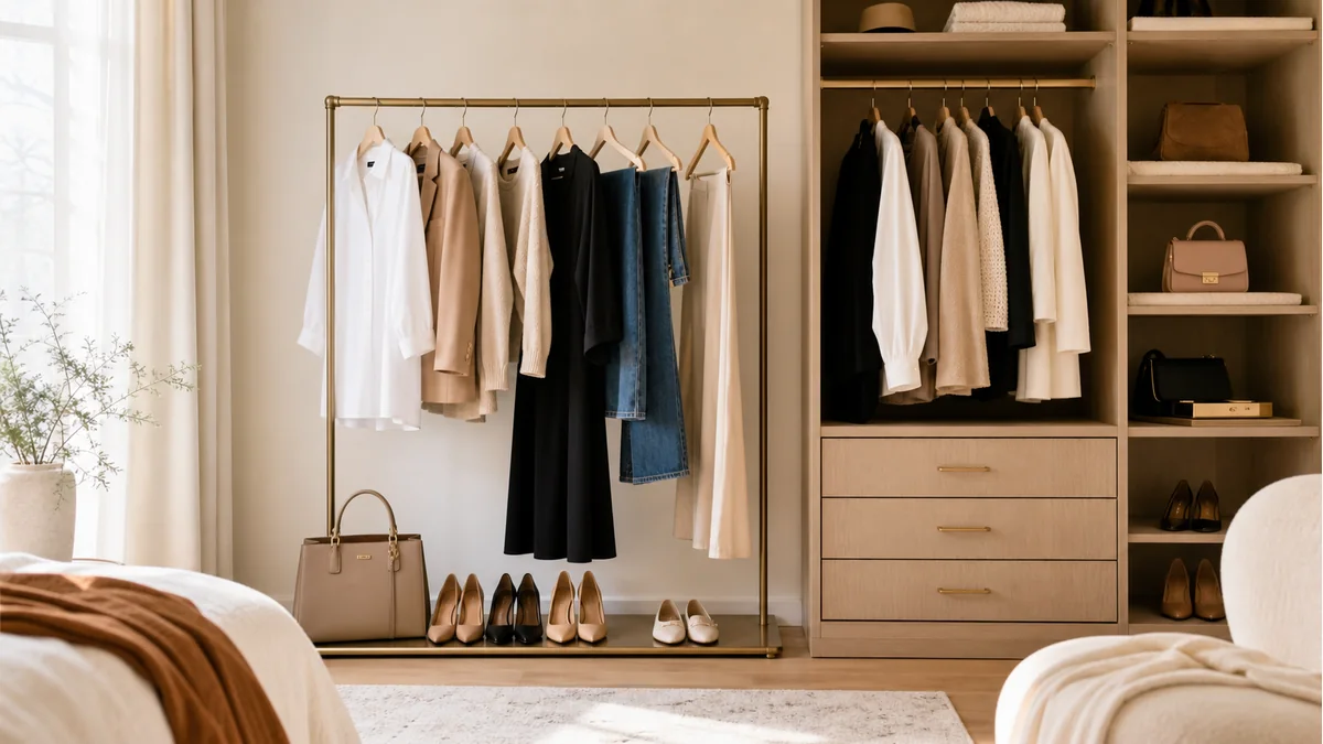 Guarda-roupa cápsula feminino organizado com peças neutras em closet claro
