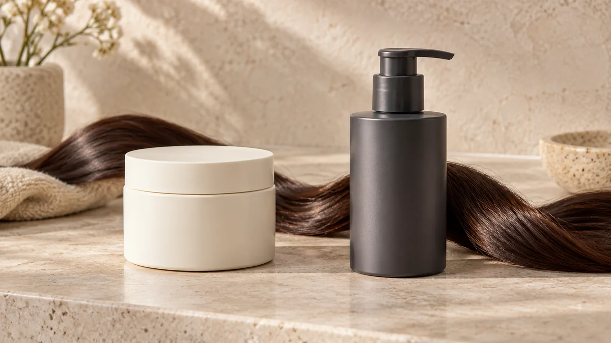Ilustração editorial com dois frascos capilares genéricos e uma mecha, sem reproduzir embalagens K18 ou Olaplex.