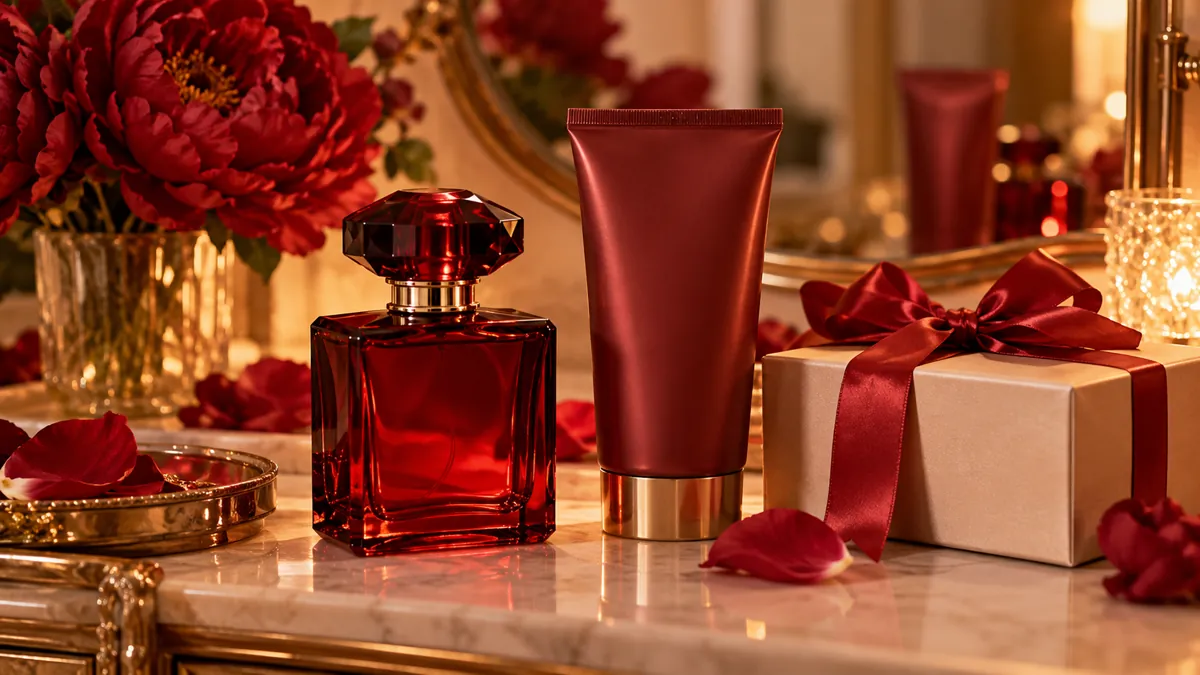 Perfume e loção genéricos em cenário de presente vermelho e floral; imagem editorial, sem reproduzir embalagens oficiais.