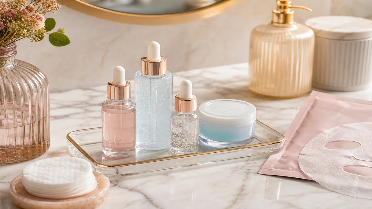 Rotina de skincare tecnológico com séruns, creme em gel, pads e máscara facial em bancada elegante