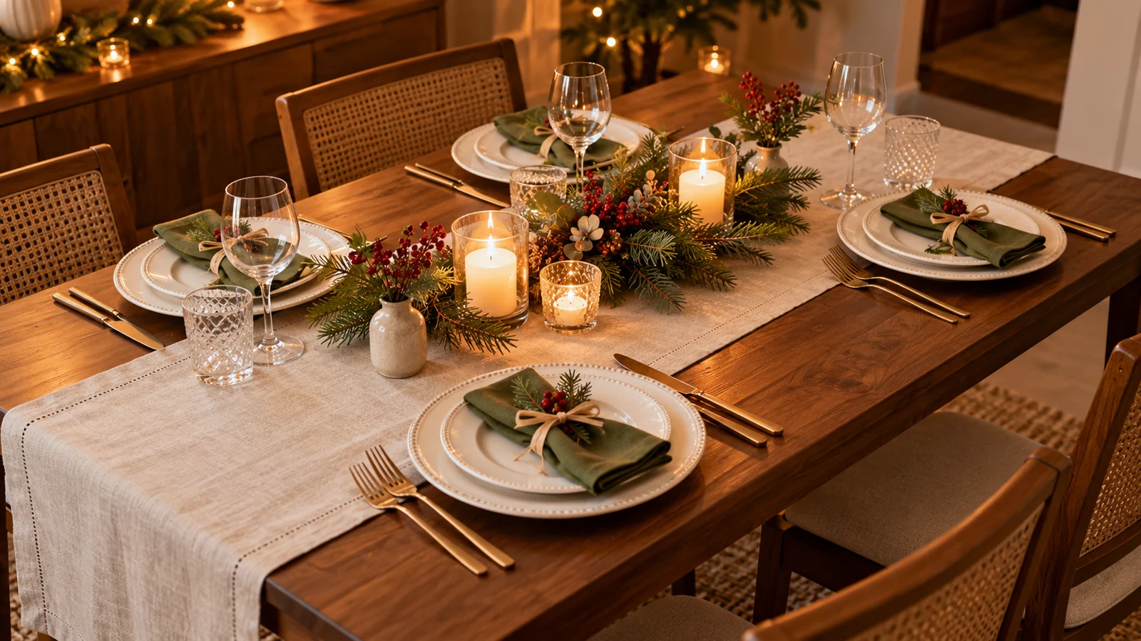 Mesa de Natal para quatro lugares com caminho de linho, louças claras, guardanapos verdes e centro baixo.
