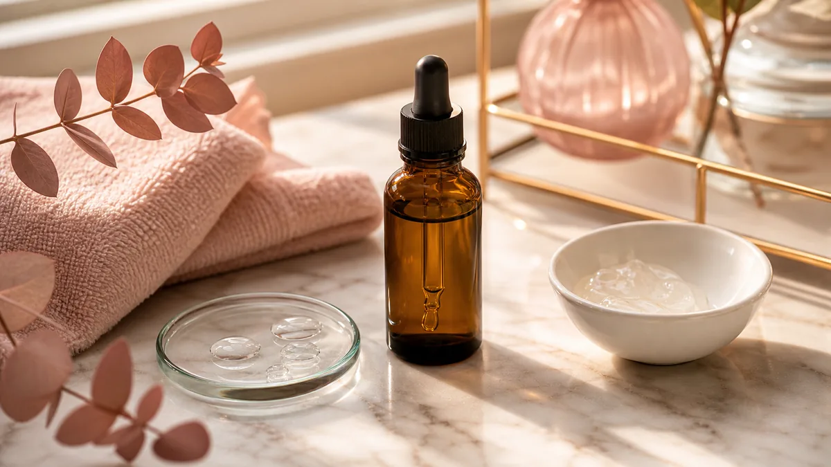 Sérum de niacinamida genérico com gotas e textura leve em bancada de skincare