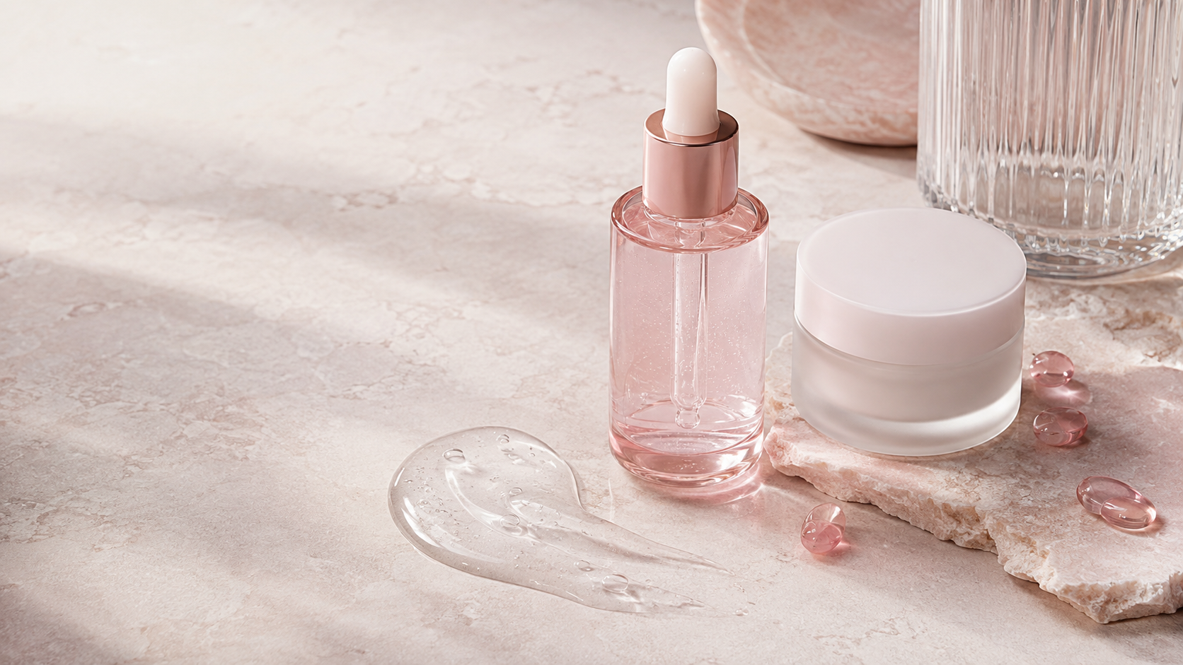 Produtos de skincare em bancada para explicar como escolher uma rotina com PDRN