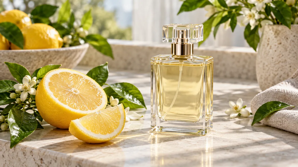 Perfume cítrico feminino com limão e folhas verdes