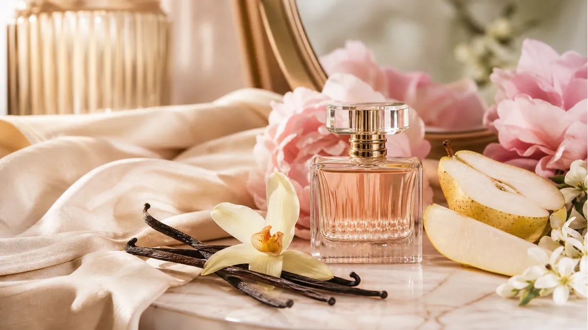Perfume feminino doce com baunilha e frutas em still life