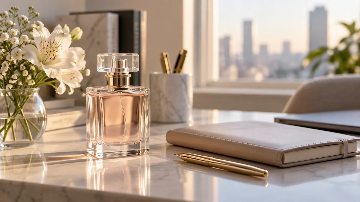 Perfume feminino discreto em mesa de trabalho