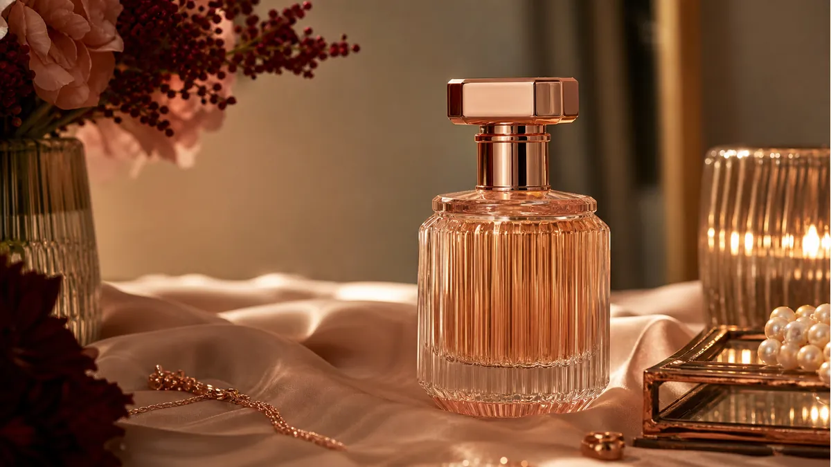 Frasco de perfume feminino genérico em composição elegante