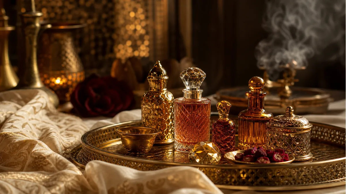 Frascos de perfume árabe genéricos em bandeja dourada