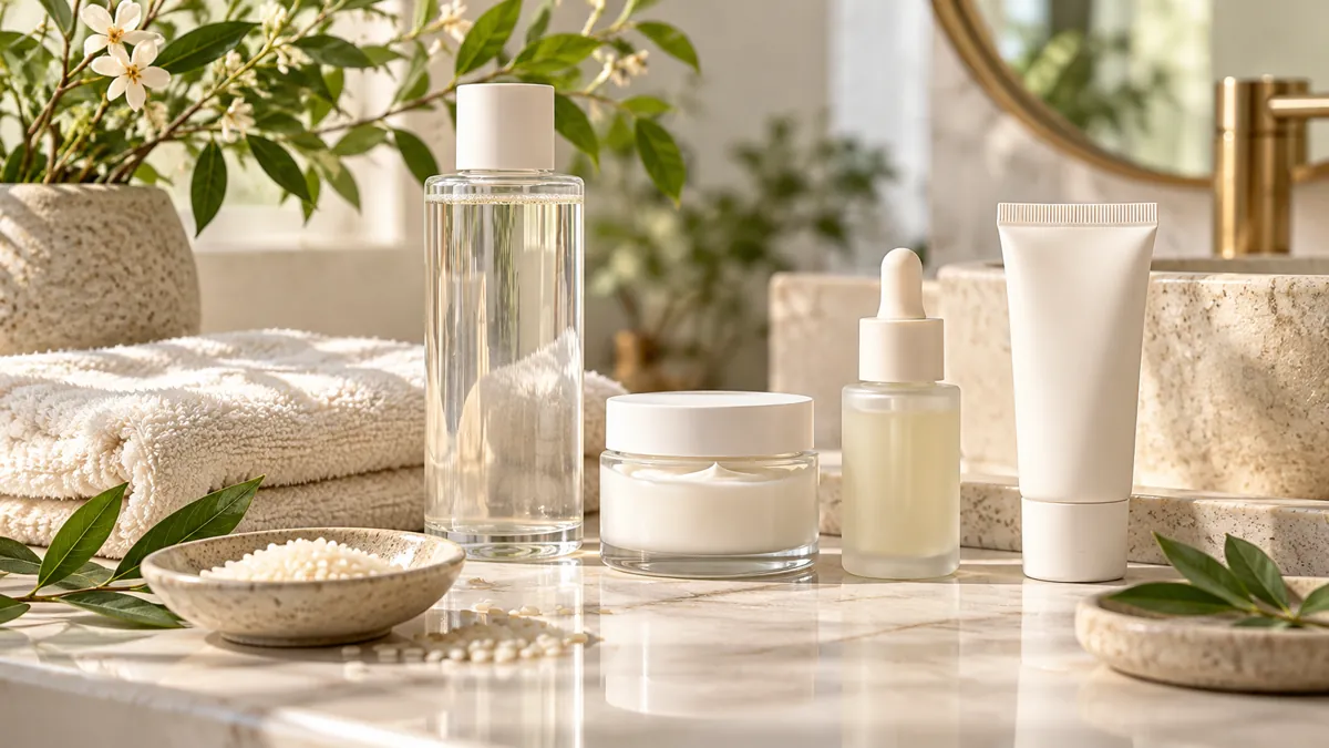 Frascos genéricos de toner, creme, ampoule e protetor solar em bancada clara, sem embalagens de marcas.