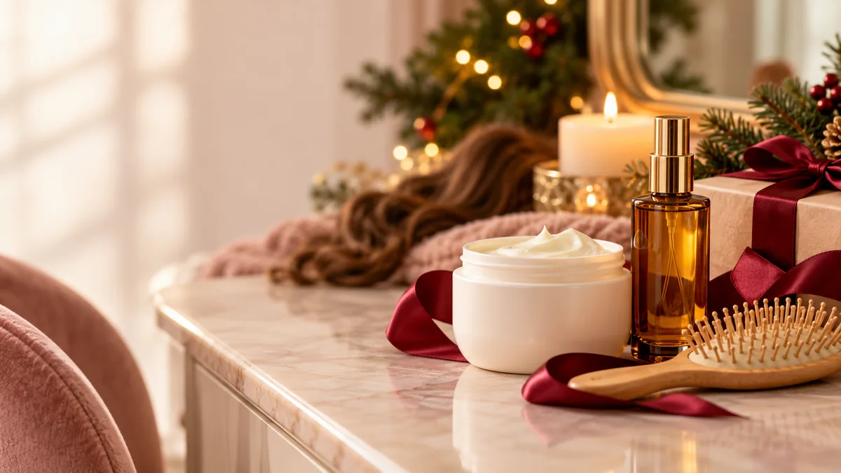 Máscara capilar genérica, óleo âmbar, escova de madeira e laço vinho em penteadeira aconchegante de Natal.
