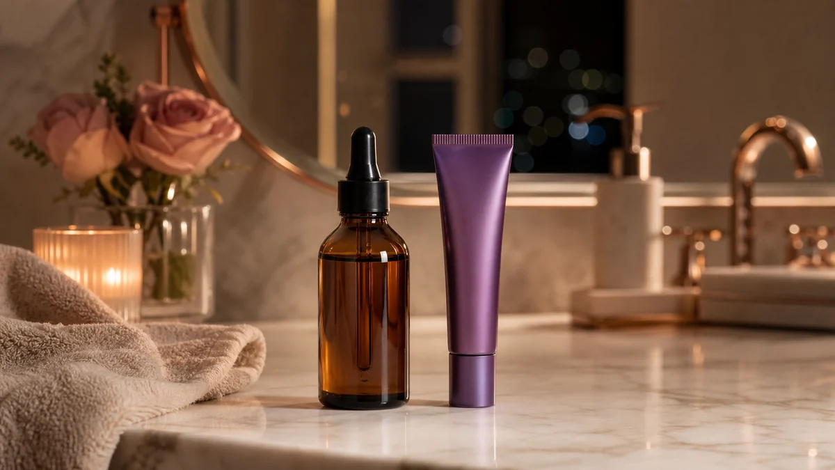 Dois séruns de retinol genéricos em bancada elegante de skincare noturno