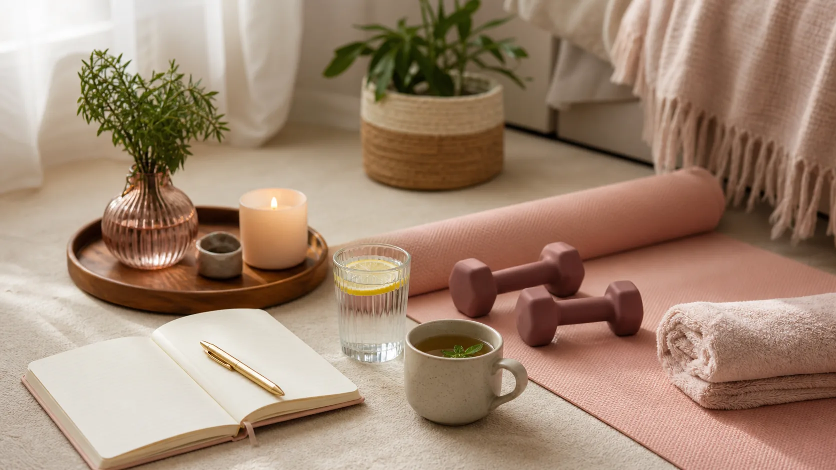Ritual de autocuidado possível com tapete de yoga, halteres, água, chá e diário