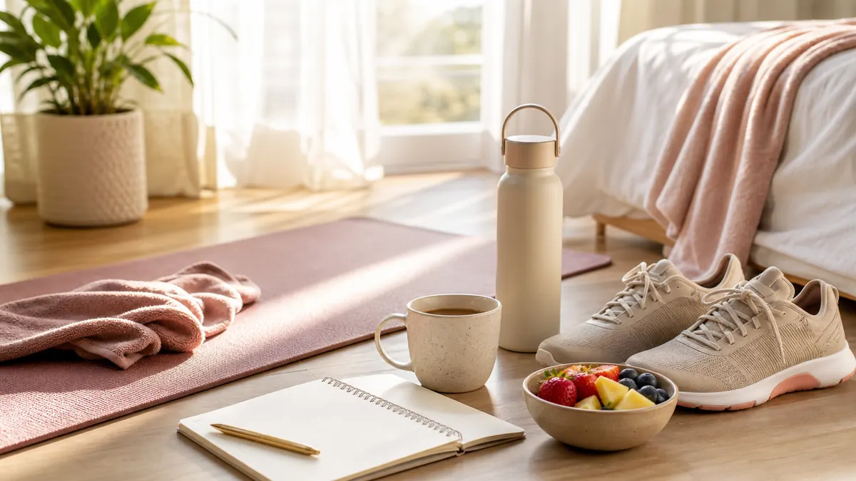 Rotina matinal com tapete, tênis, garrafa, caderno e café antes do treino