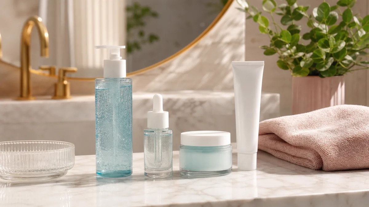 Rotina de skincare para acne e oleosidade com limpeza, sérum, hidratante e protetor