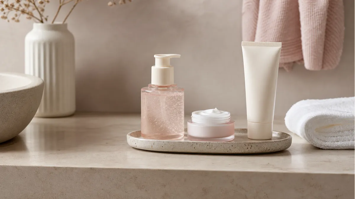 Produtos genéricos para rotina de skincare simples em banheiro claro