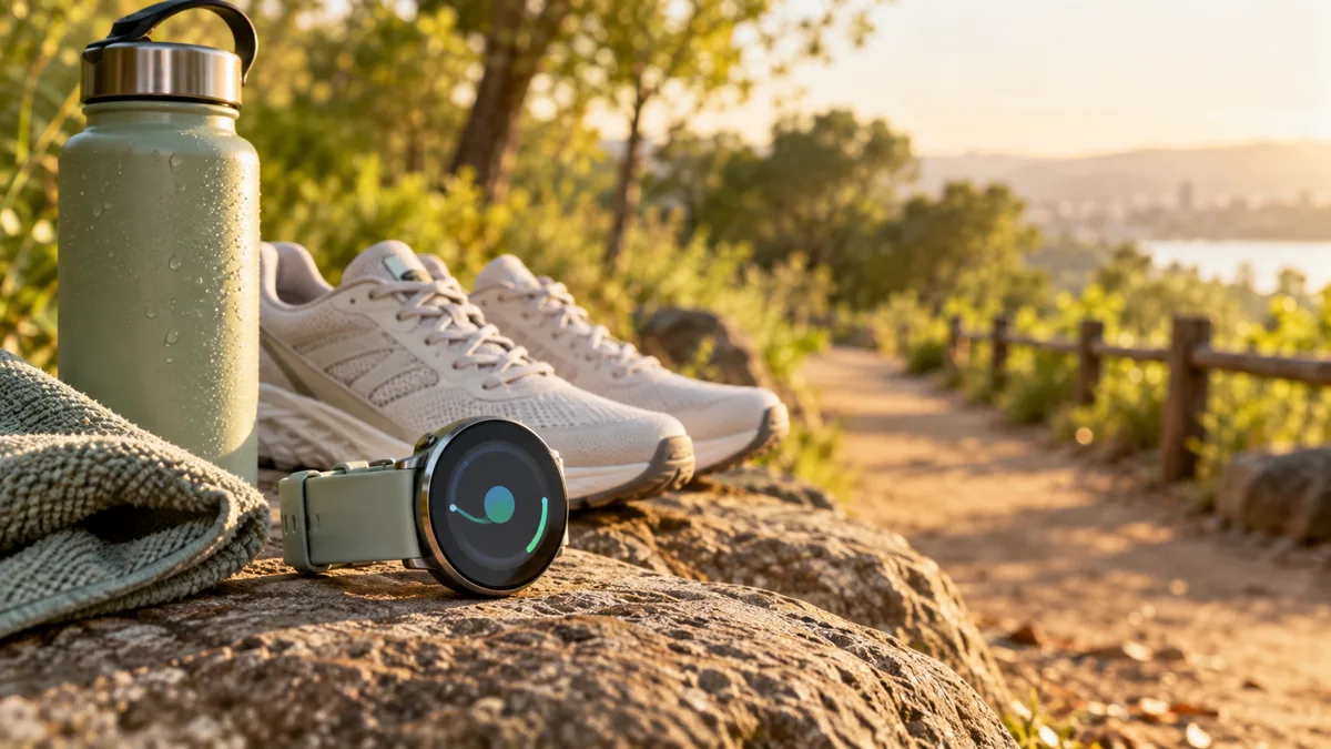 Smartwatch e tênis para caminhada ao ar livre