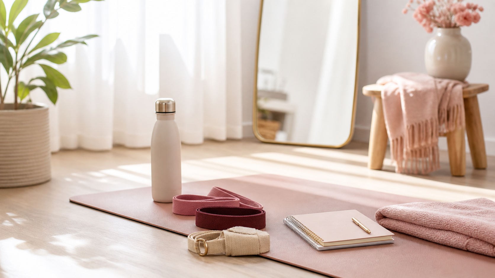 Canto de treino em casa com tapete de yoga, faixas, garrafa e caderno de hábitos