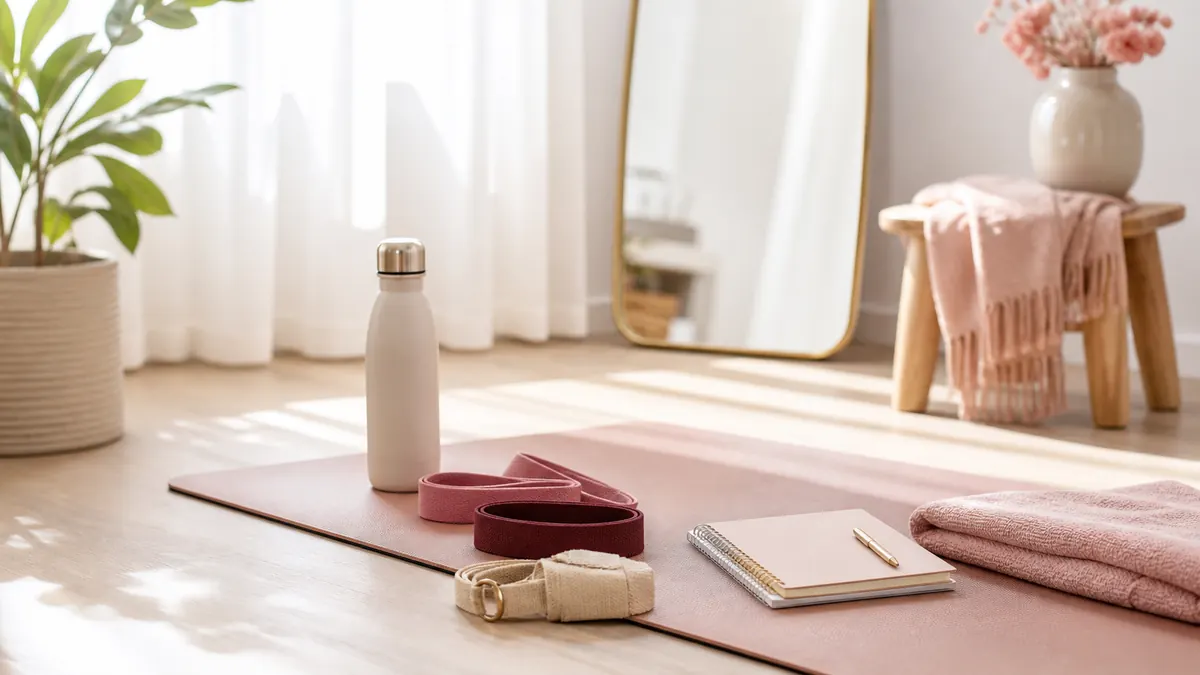 Canto de treino em casa com tapete de yoga, faixas, garrafa e caderno de hábitos