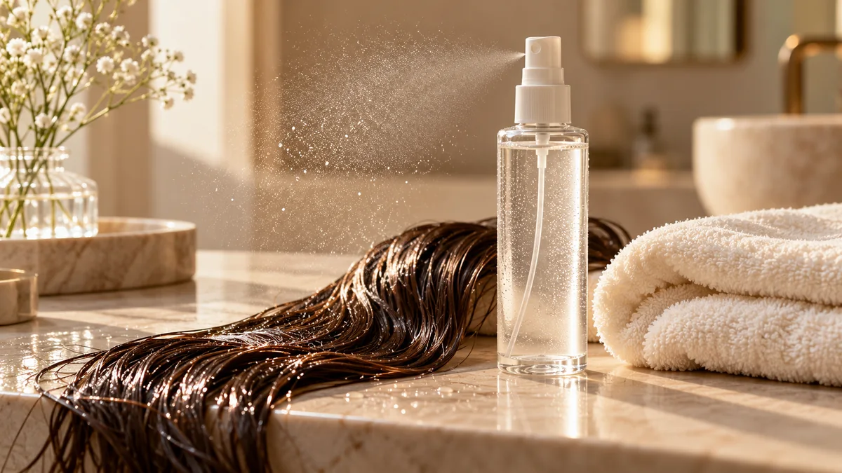 Ilustração editorial de spray capilar genérico sobre pedra e toalha, sem representar embalagem da Wella.