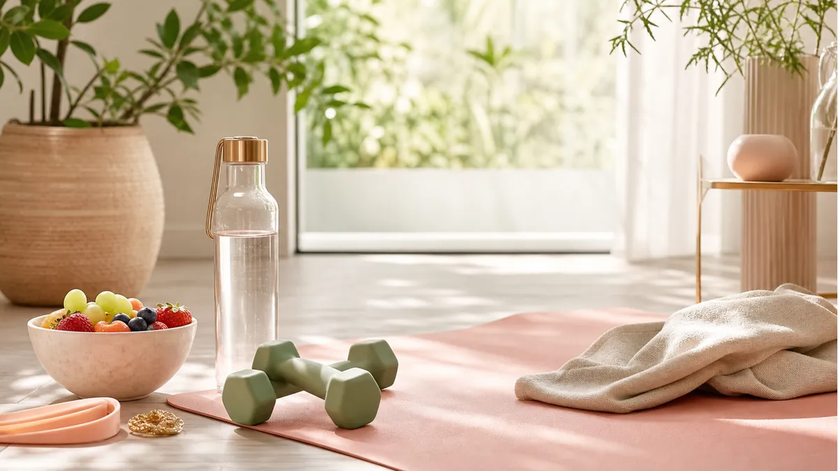 Cantinho de treino feminino com frutas, halteres e itens de bem-estar