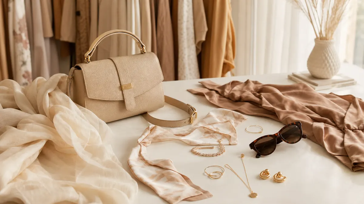 Bolsa e acessórios femininos em produção de moda elegante
