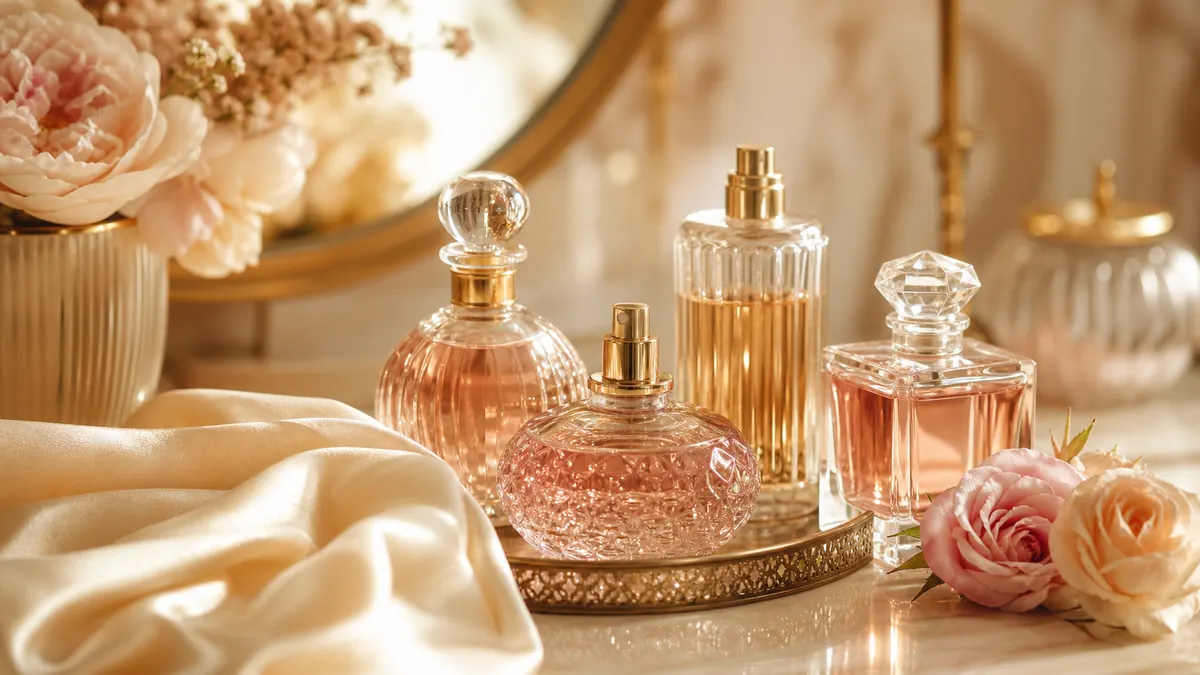 Frascos de perfume sem marca em composição editorial