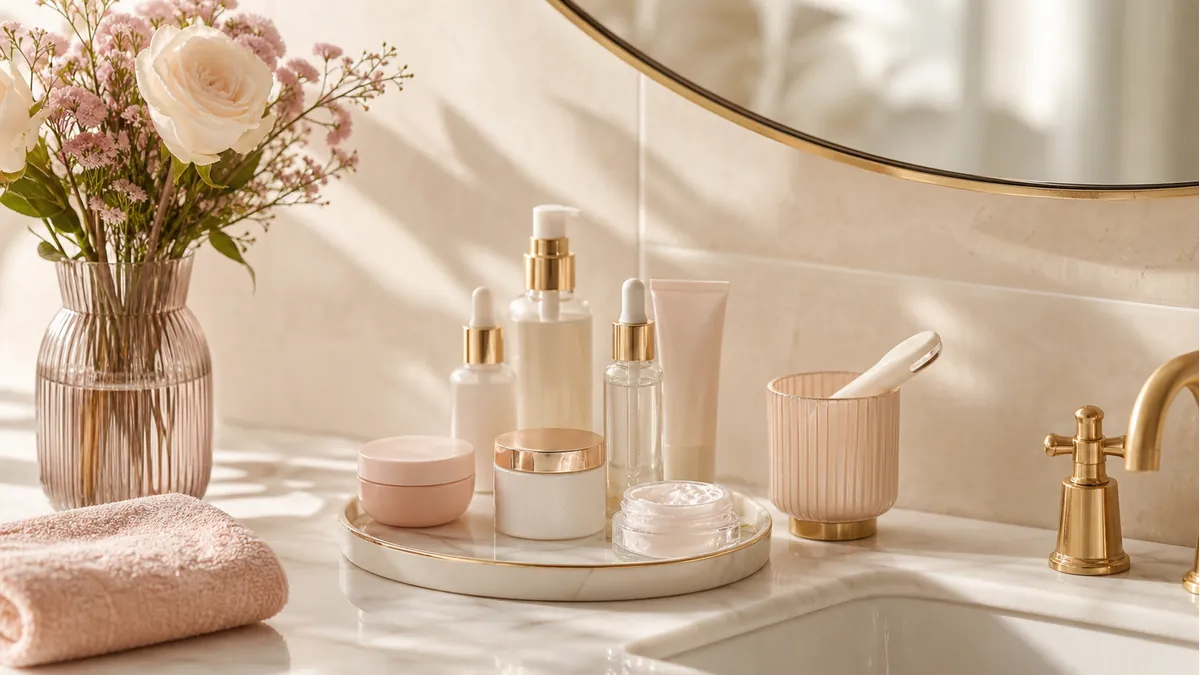 Mulher aplicando skincare em ambiente claro e elegante