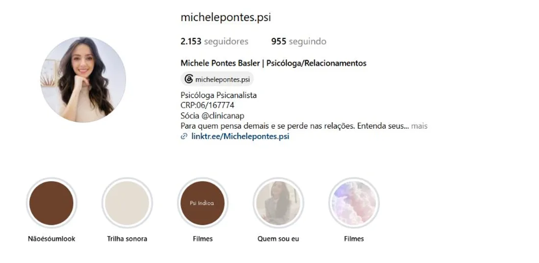 Print do perfil público no Instagram de Michele Pontes Basler, psicóloga e psicanalista