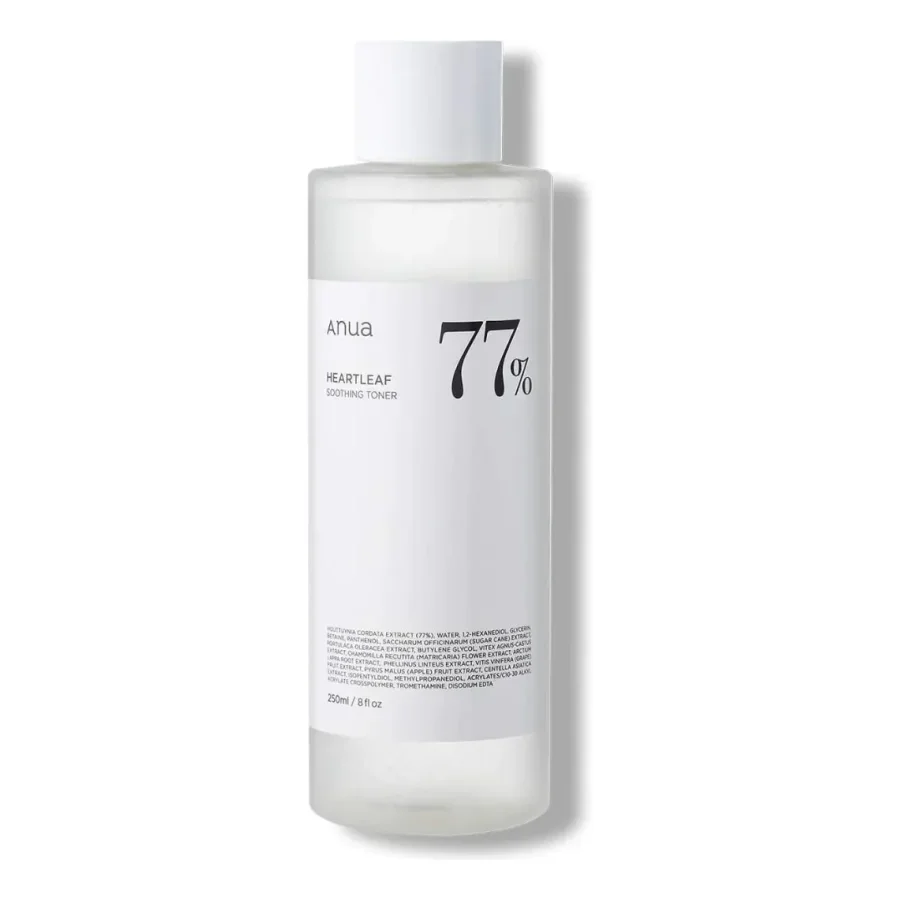 Foto do anúncio no Mercado Livre: Anua Heartleaf 77 Soothing Toner clássico, 250 ml, unidade; rótulo da versão mostrada informa 77% de Heartleaf..