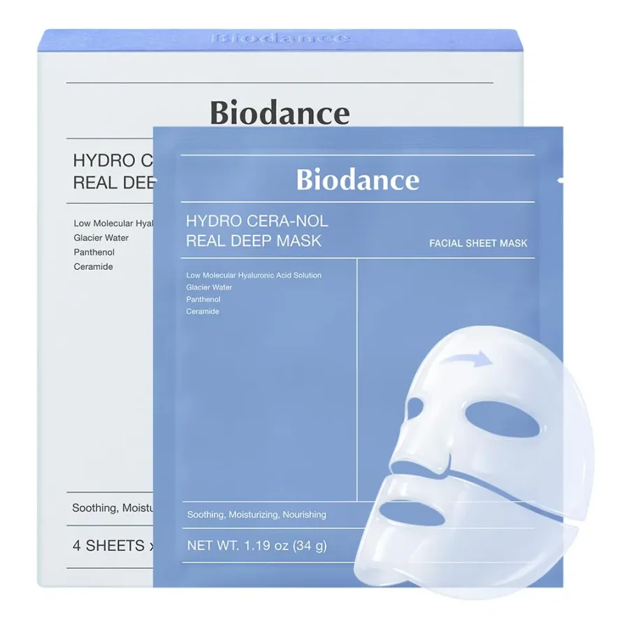 Foto do anúncio no Mercado Livre: Biodance Hydro Cera-nol Real Deep Mask, Caixa com 4 máscaras de 34 g cada; não é a versão Bio-Collagen..