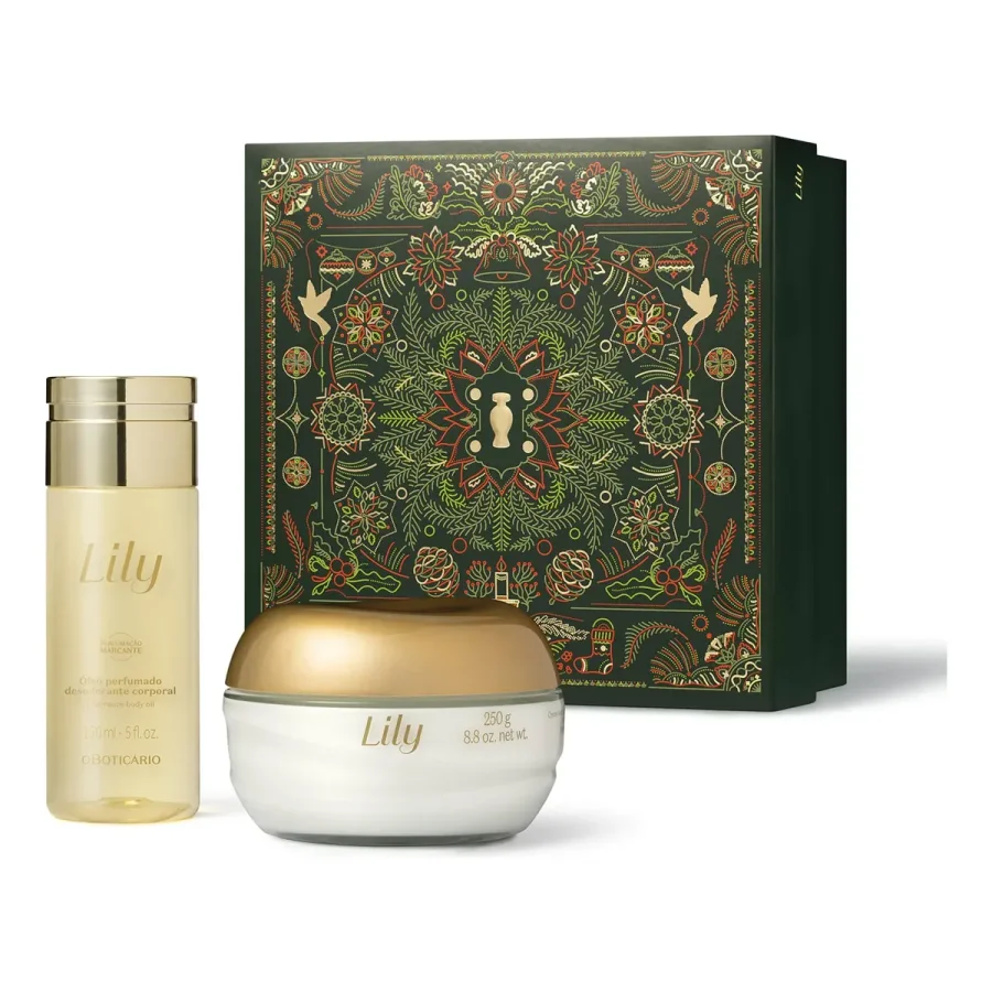 Foto do anúncio: Natal Lily Acetinados: óleo + creme, Óleo perfumado corporal 150 ml + creme acetinado corporal 250 g; caixa verde natalina.