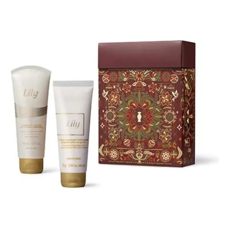 Foto do anúncio: Kit Lily Cuidados, Creme acetinado corporal 75 ml + sabonete líquido acetinado 100 ml; sacola declarada no anúncio.