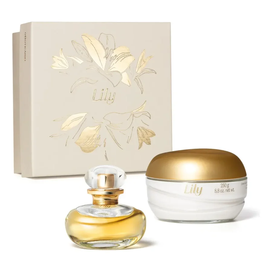 Foto do anúncio: Lily: perfume 30 ml + creme 250 g, Lily eau de parfum 30 ml + creme acetinado corporal 250 g; caixa floral.