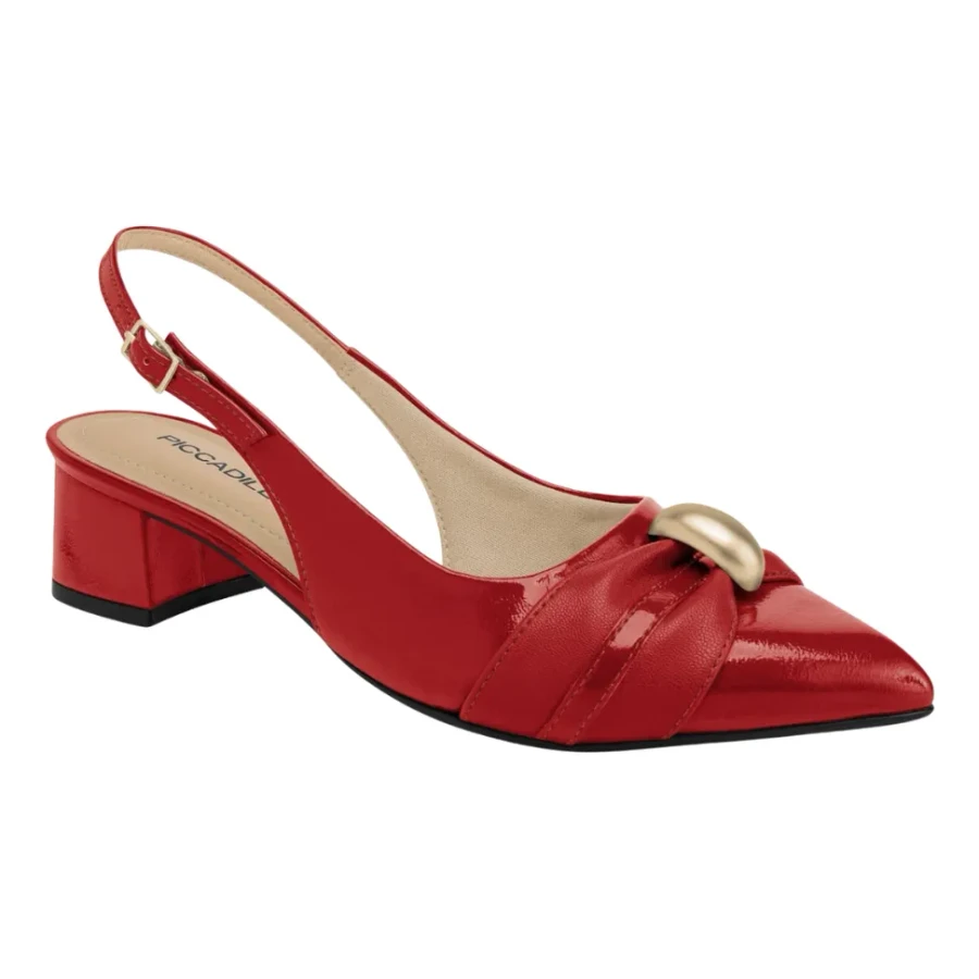 Foto original do anúncio no Mercado Livre: sandália Piccadilly slingback vermelha, bico fechado e salto bloco de 5 cm.