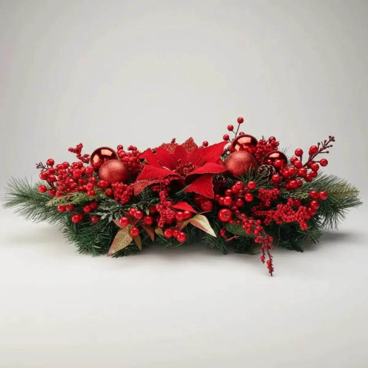 Arranjo natalino vermelho baixo para centro da mesa, com 60 cm de comprimento e 20 cm de altura.