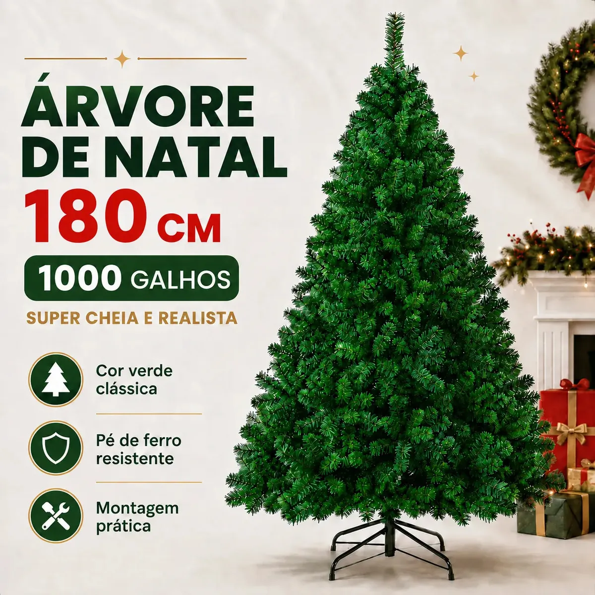 Árvore de Natal verde tradicional de 1,80 m com 1.000 galhos e pé de ferro.