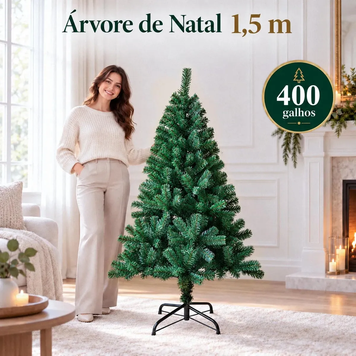 Árvore de Natal verde de 1,50 m com 400 galhos e base metálica Bello Festas.