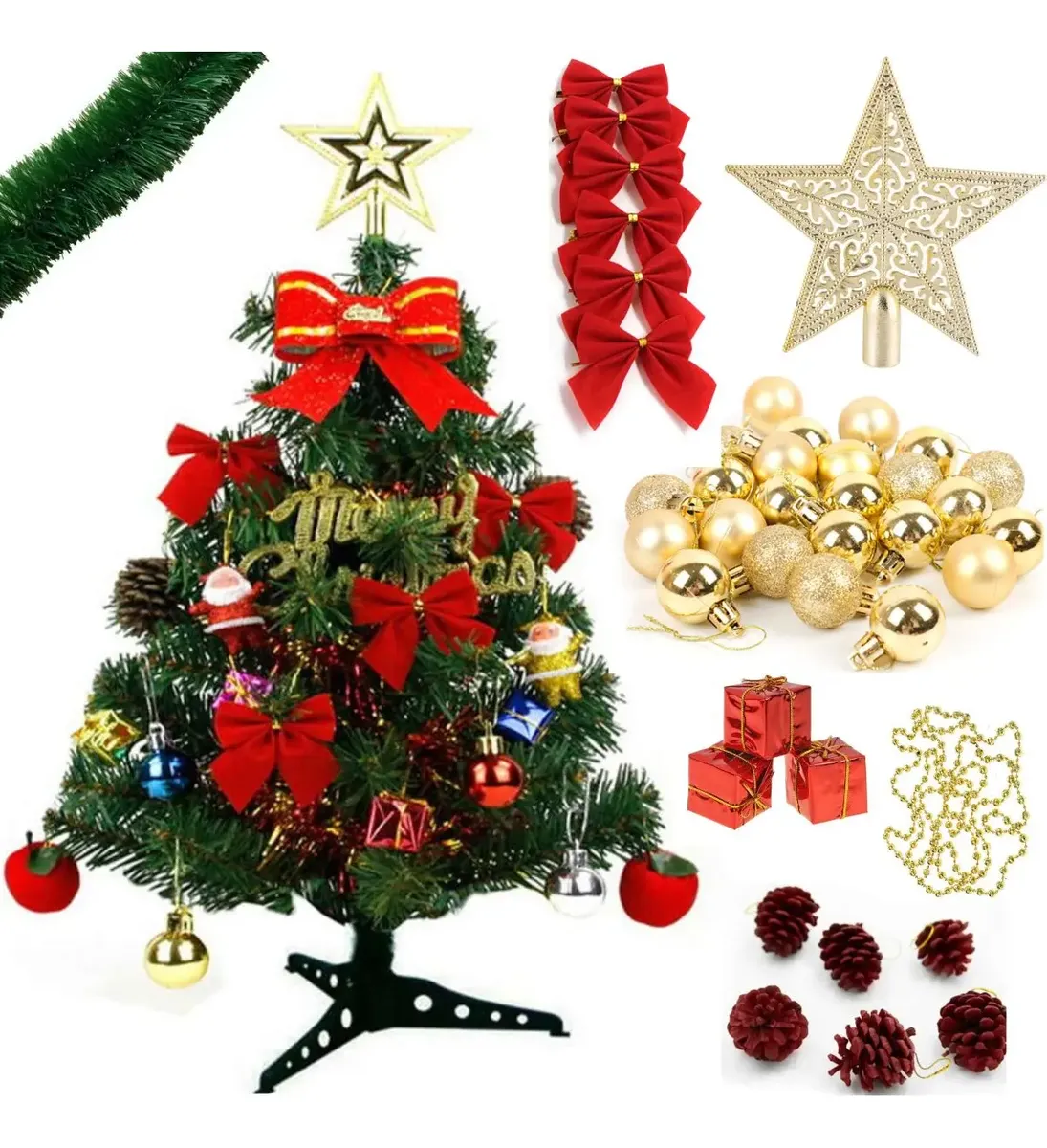 Árvore de Natal de mesa de 60 cm verde com enfeites vermelhos e dourados; oferta Mercado Livre ASP.