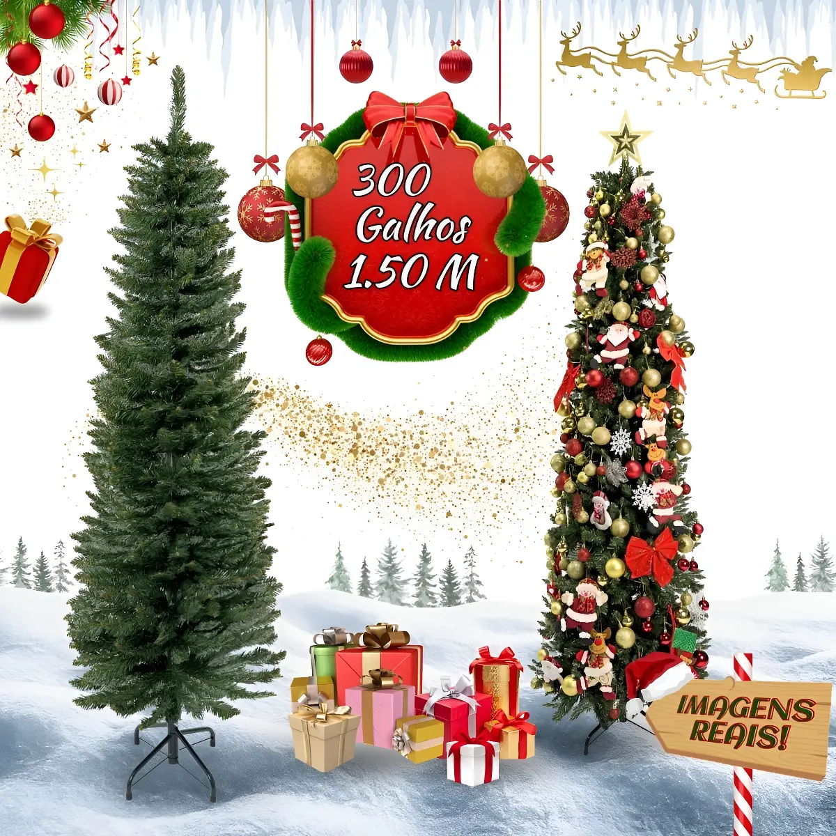 Árvore de Natal slim verde de 1,50 m, modelo LuvinCo com base estreita.