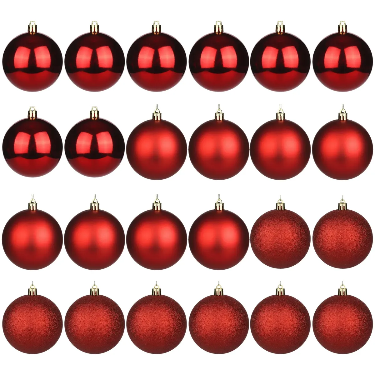 Kit com 24 bolas de Natal vermelhas de 5 cm, com acabamentos liso, fosco e glitter.